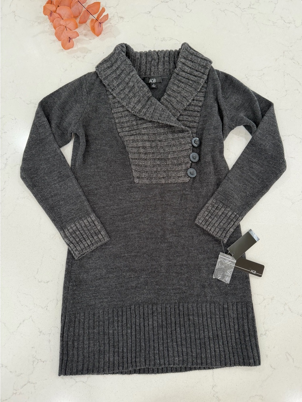 AGB Charcoal Ribbed Shawl-Collar Sweater Dress Tunic with Side Buttons
